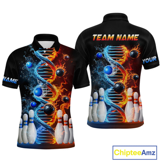 A custom-designed bowling shirt featuring a DNA strand graphic with flame and water elements, and bowling pins arranged in the lower part of the shirt.