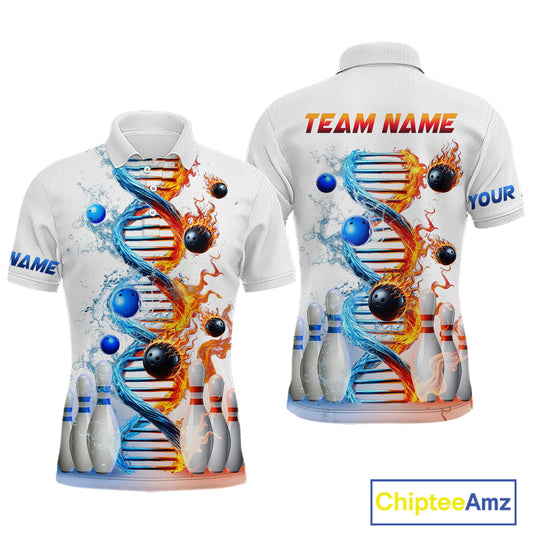 A white bowling shirt with a custom flame and water DNA design, featuring pins and balls, with options for personalization such as adding a team name.
