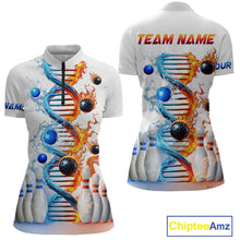 Load image into Gallery viewer, A custom-designed white quarter-zip bowling jersey featuring multicolored geometric patterns and bowling-themed graphics, with placeholder text for a 'TEAM NAME' on the back.