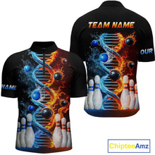 Load image into Gallery viewer, A custom-designed bowling shirt featuring a quarter-zip closure and a graphic print of a DNA strand with flame patterns and bowling balls.
