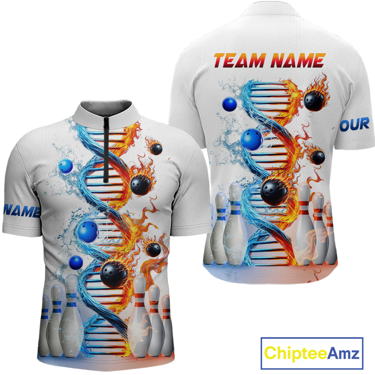 A custom-designed white quarter-zip bowling jersey featuring multicolored geometric patterns and bowling-themed graphics, with placeholder text for a 'TEAM NAME' on the back.