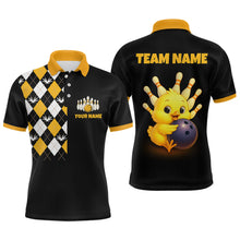 Load image into Gallery viewer, Black polo shirt with yellow and white argyle pattern on the left side and a cartoon chicken holding a bowling ball on the right side, with 'TEAM NAME' and 'YOUR NAME' text.