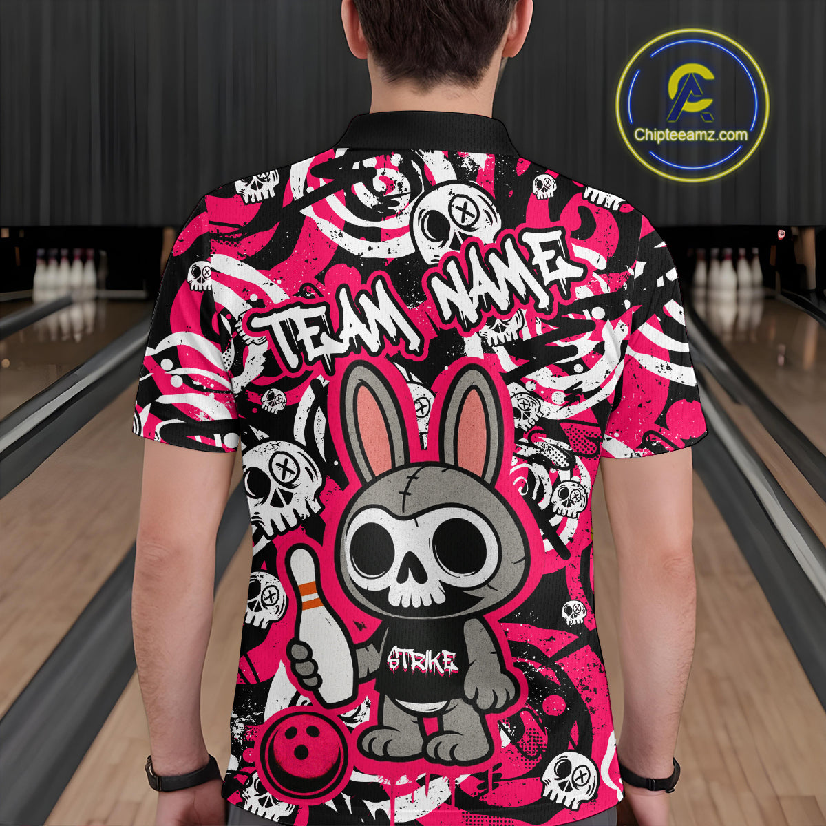 Custom Pink Skull Bunny Bowling Shirt Gothic Men Bowling League Polo Bowling Halloween QZT747