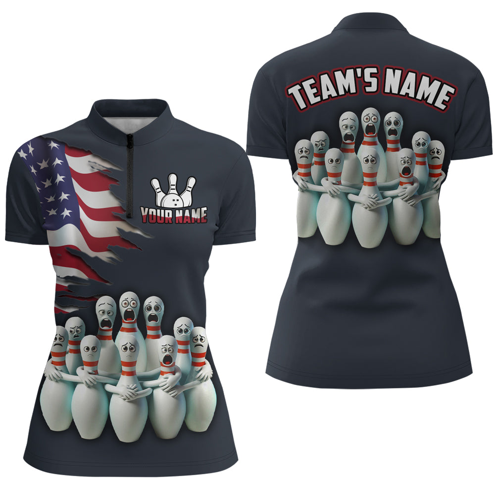 Personalized American Bowling Shirt Women 1/4 Zip Patriotic Bowling Team League QZT402
