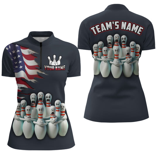 Personalized American Bowling Shirt Women 1/4 Zip Patriotic Bowling Team League QZT402
