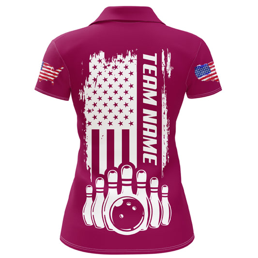 Women's Bowling Shirt Pink Polo Bowling Shirt Personalized Patriotic Bowling Shirt QZT281