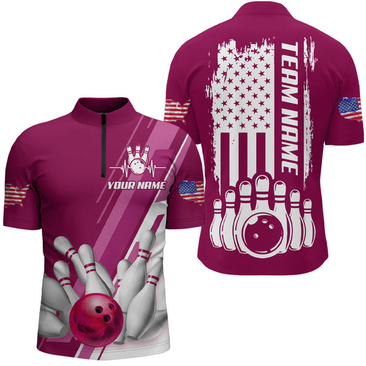 Men's Bowling Shirt Bowling Unisex 1/4 -Zip Bowling Shirt Patriotic Bowling Shirt QZT281