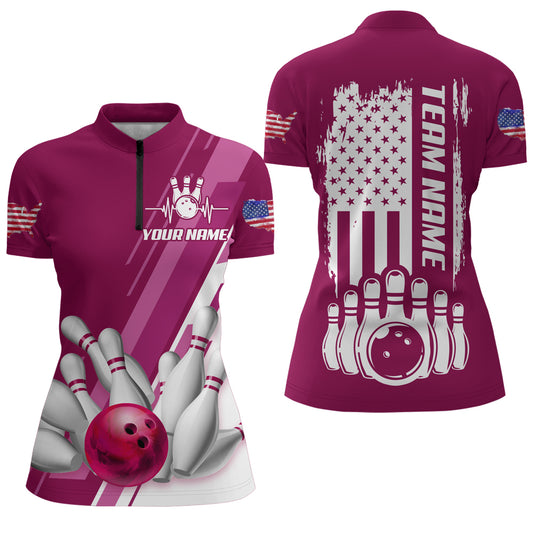 Women's Bowling Shirt Pink 1/4-Zip Bowling Shirt Patriotic Bowling Shirt QZT281