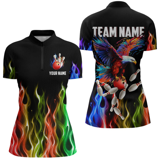 Rainbow Flame Eagle Bowling Team Jersey Personalized Bowling Quarter-Zip Shirt For Men And Women QZT681