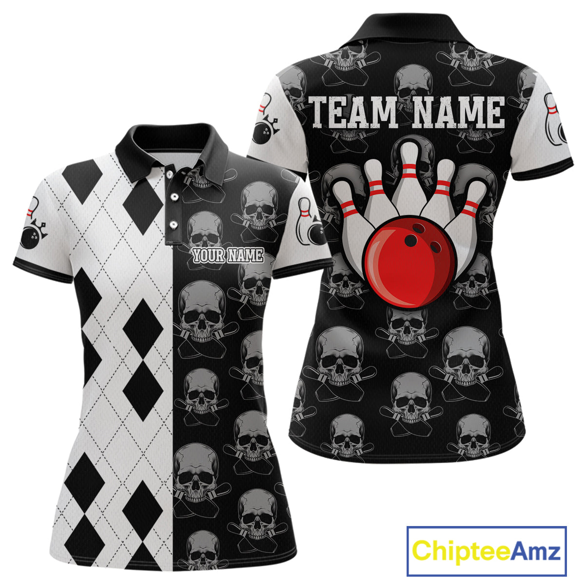 Black & White Bowling Shirt Custom Skull Polo Bowling Jersey Gift for Bowlers QZT693