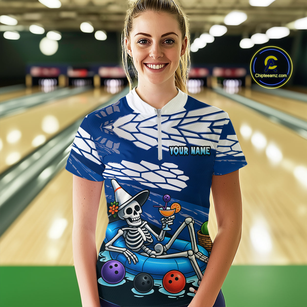 Custom Blue Funny Skull Bowling Shirt Polo & Quarter-Zip Bowling League Jersey for Women QZT755