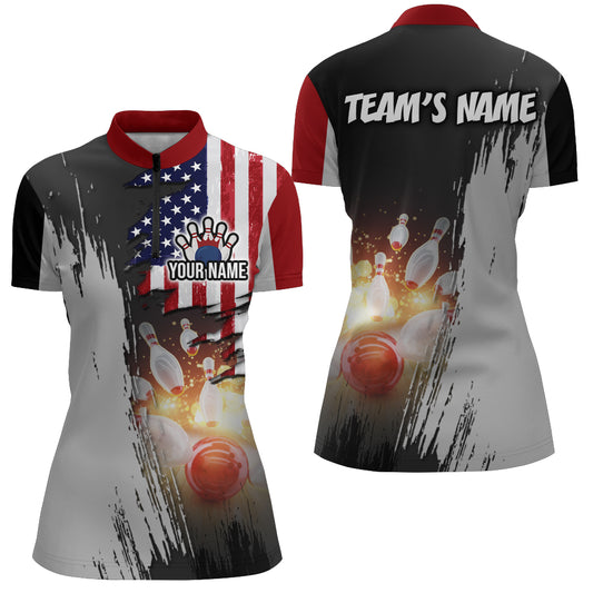 Personalized 3D Women's Bowling Team Jersey Bowling Shirt American Bowling Quarter-Zip Shirt QZT43