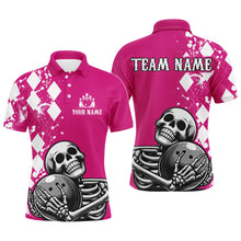 Load image into Gallery viewer, A pink polo shirt with a bowling-themed graphic that includes the text 'TEAM NAME' and a skull holding a bowling ball, designed for men.
