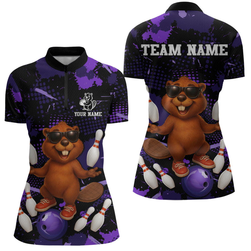 Custom Purple Funny Beaver Bowling Team Shirt Women Bowling League Jersey Polo Bowling Outfit QZT764