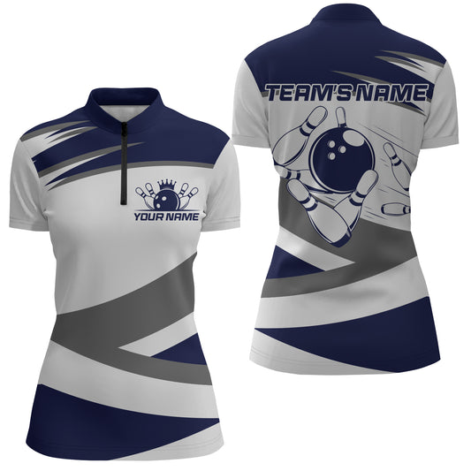 Custom Bowling Shirt for Women Navy & Grey Bowling Jersey Bowling Team League Quarter-Zip Shirt QZT1