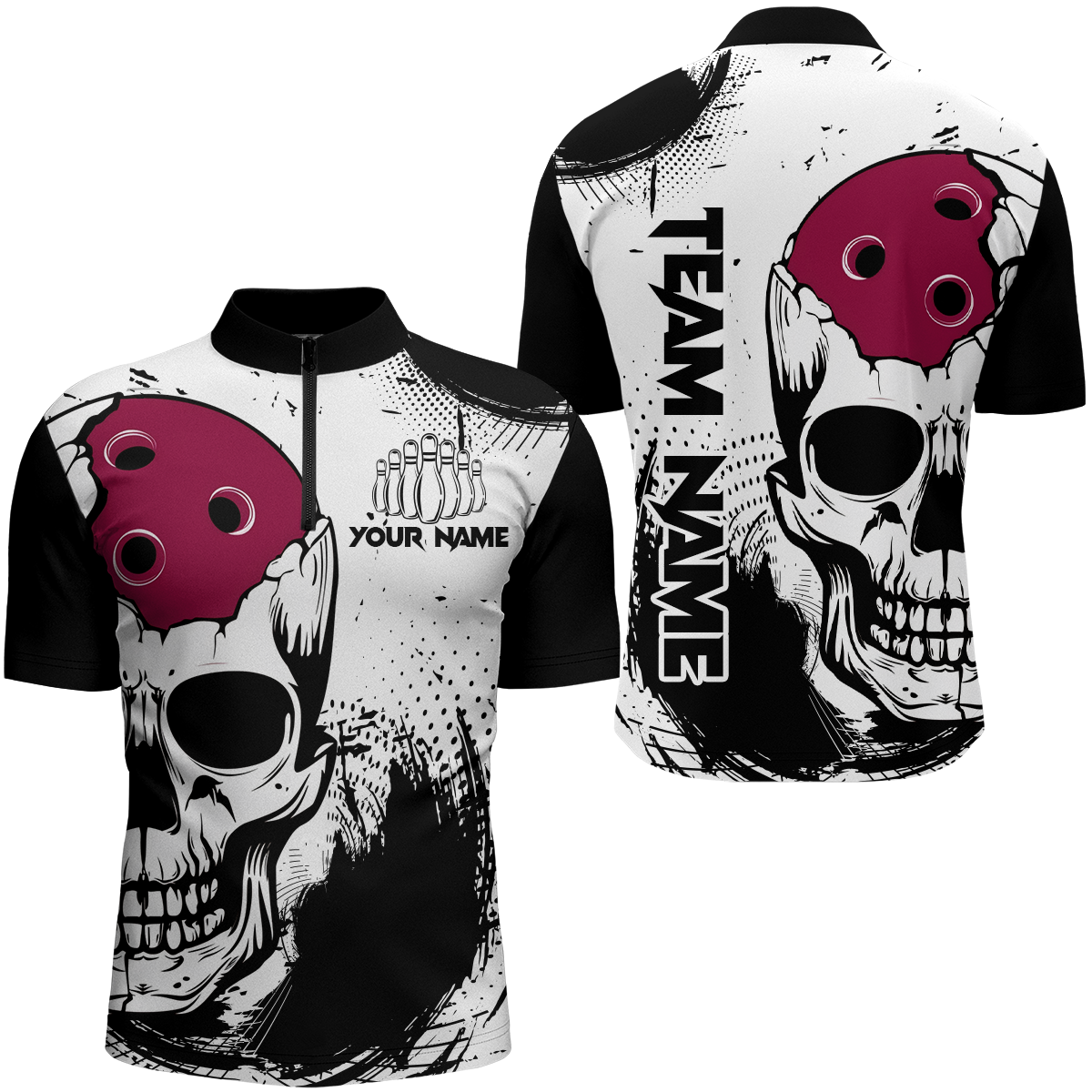 Personalized Bowling Shirt Skull Bowling Team Jersey Quarter-Zip Shirt for Men QZT275