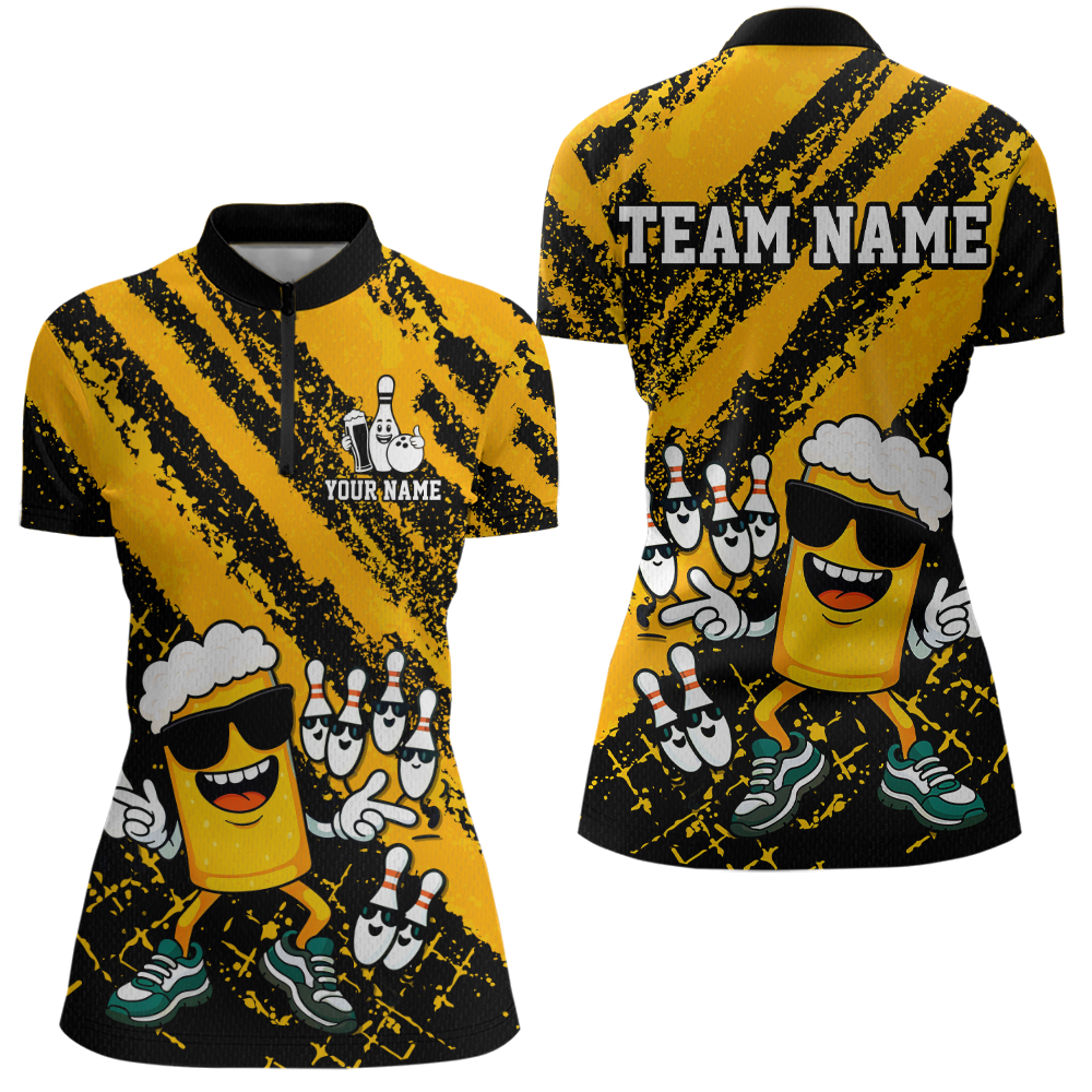 Custom Funny Beer Bowling Shirt Team Bowling League Jersey for Women Polo & 1/4-Zip QZT759