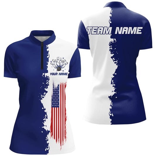 Navy & White Bowling Shirts Men & Women Custom Patriotic Bowling Team Jersey Unisex Quarter-Zip BDT531