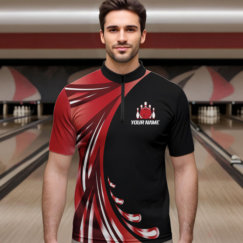 Personalized Red Bowling Team Jersey For Men & Women Custom Quarter Zip Bowling Shirt BDT457