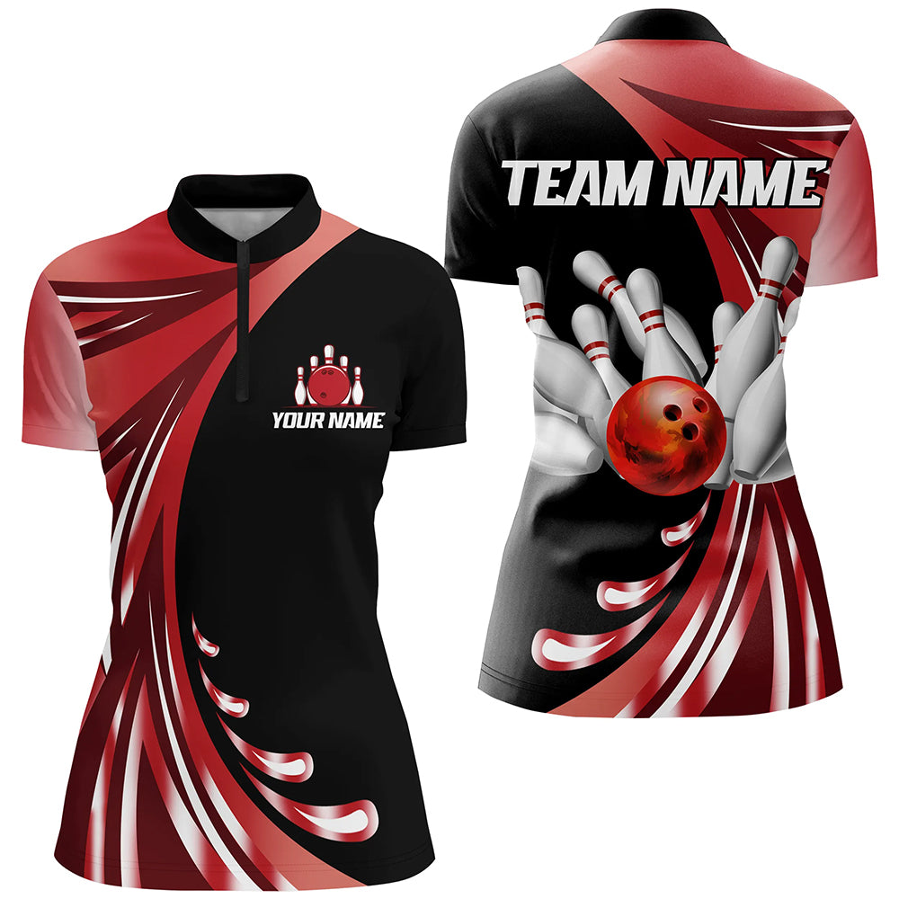 Personalized Red Bowling Team Jersey For Men & Women Custom Quarter Zip Bowling Shirt BDT457