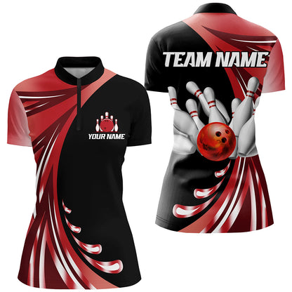 Personalized Red Bowling Team Jersey For Men & Women Custom Quarter Zip Bowling Shirt BDT457