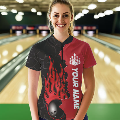 Red Flame Bowling Quarter Zip Shirt Men & Women Custom Bowling Team League Jerseys BDT471