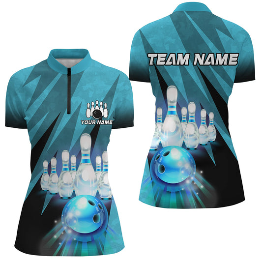 Custom Turquoise Bowling Shirt For Couple 1/4 Zip Bowling Team Jersey Men Women BDT501