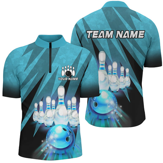 Custom Turquoise Bowling Shirt For Couple 1/4 Zip Bowling Team Jersey Men Women BDT501