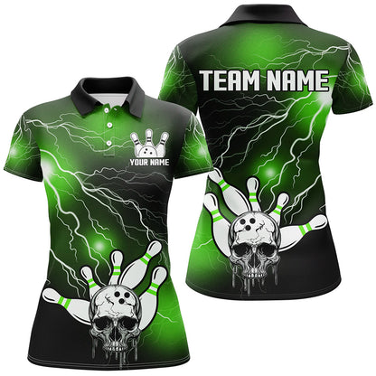 Skull Bowling Polo Shirt For Men & Women Light Thunder Green Bowling Team Jersey Halloween BDT541