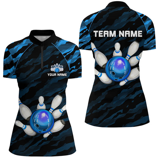 Personalized Blue Camo Bowling Shirts Unisex 1/4 Bowling Team Jersey Men Women BDT485