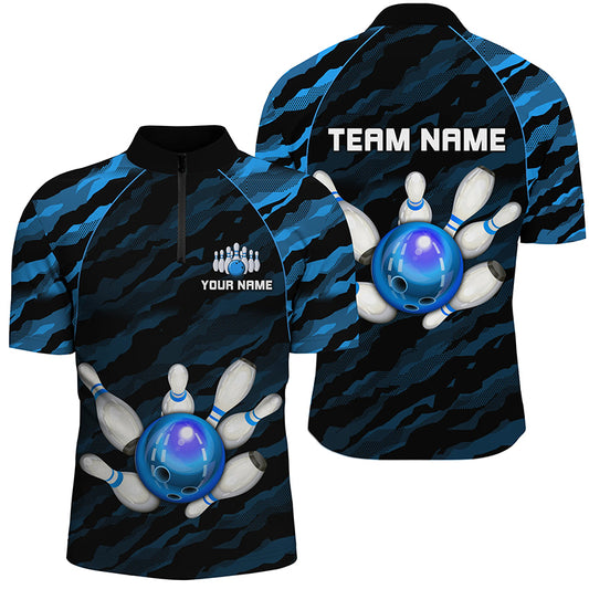 Personalized Blue Camo Bowling Shirts Unisex 1/4 Bowling Team Jersey Men Women BDT485