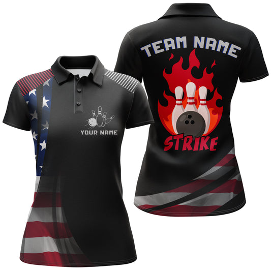 Custom Bowling Polo Shirt Women Strike Bowling Team Jersey American Flag Bowling Shirt BDT380
