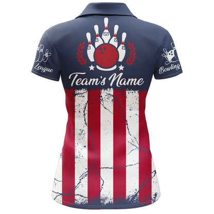 American Flag Bowling Polo Shirt For Women Custom Bowling Team Jersey Navy Bowling Shirt BDT244