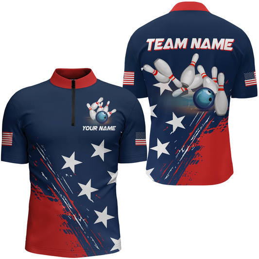 Patriotic Bowling Jersey for Men & Women Custom American Bowling 1/4 Zip Shirts Team League BDT549