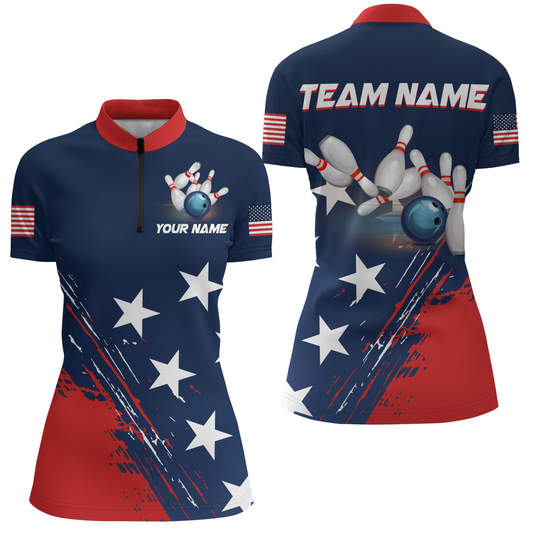 Patriotic Bowling Jersey for Men & Women Custom American Bowling 1/4 Zip Shirts Team League BDT549