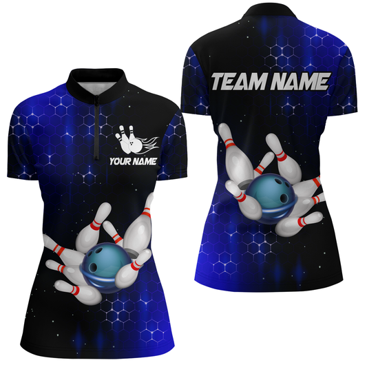 Personalized Blue Bowling Shirts Men Women Bowling Team Jersey Bowling 1/4 Zip Shirt BDT488