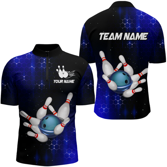 Personalized Blue Bowling Shirts Men Women Bowling Team Jersey Bowling 1/4 Zip Shirt BDT488