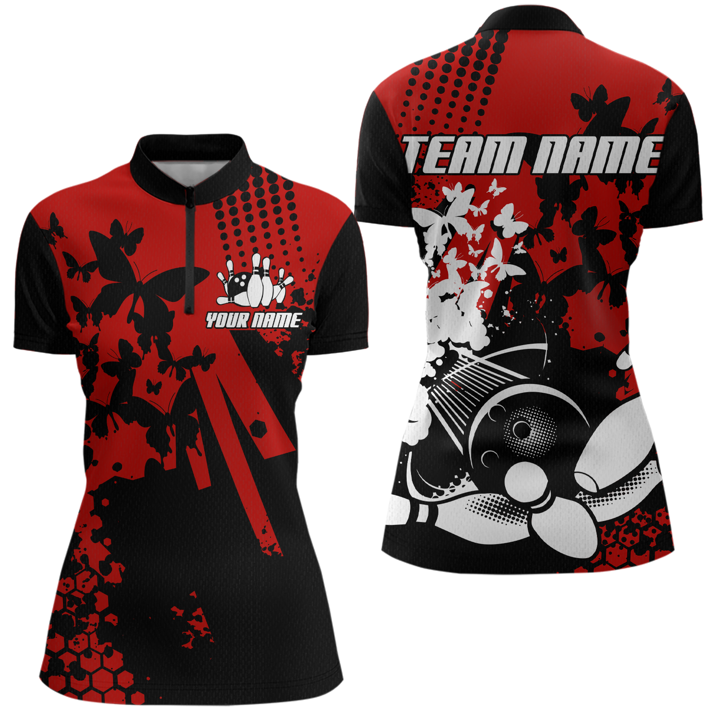 Custom Red Butterflies Bowling Shirts for Men Women Bowling Jersey Team Name MBL79