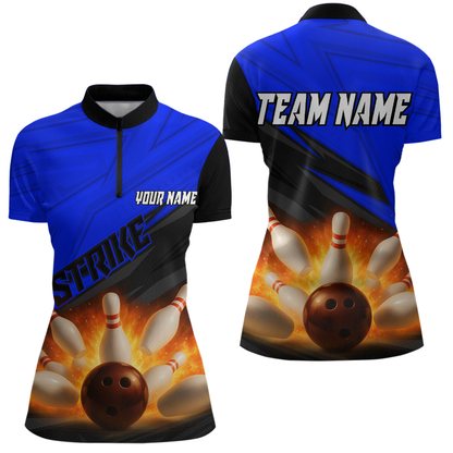 Custom Flaming Blue Bowling Shirts for Women Men Team Bowling Polo & Quarter Zip MBL99