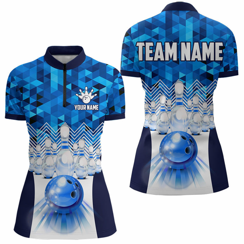 Blue Bowling Shirt for Women 3D Custom Name Bowling Jersey Shirts Team Polo & Quarter-Zip HNT10