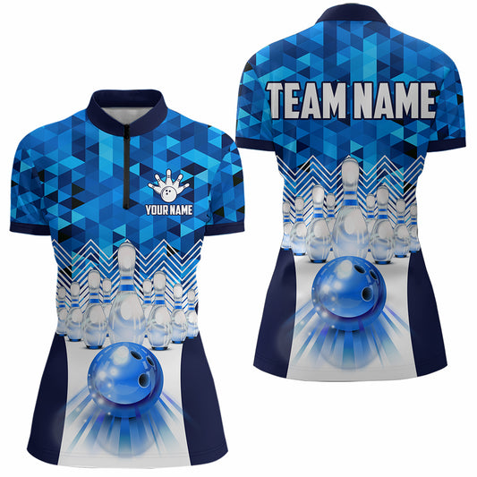 Blue Bowling Shirt for Women 3D Custom Name Bowling Jersey Shirts Team Polo & Quarter-Zip HNT10