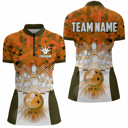 Orange Bowling Shirt for Women 3D Custom Name Bowling Jersey Shirts Team Polo & Quarter-Zip HNT10