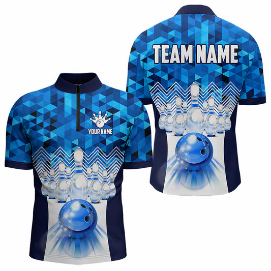 Blue Bowling Shirt for Men 3D Custom Name Bowling Jersey Shirts Team Polo & Quarter-Zip HNT10