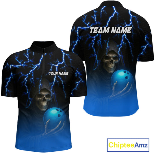 Custom Blue Thunder Skeleton Bowling Jersey for Men Bowling Polo & 1/4 Zip Bowling Team Shirts HNT108