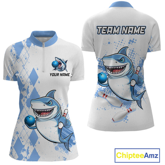 Blue Shark Bowling Custom Women Bowling Shirt Polo & Quarter-Zip Bowling Team Jerseys HNT62