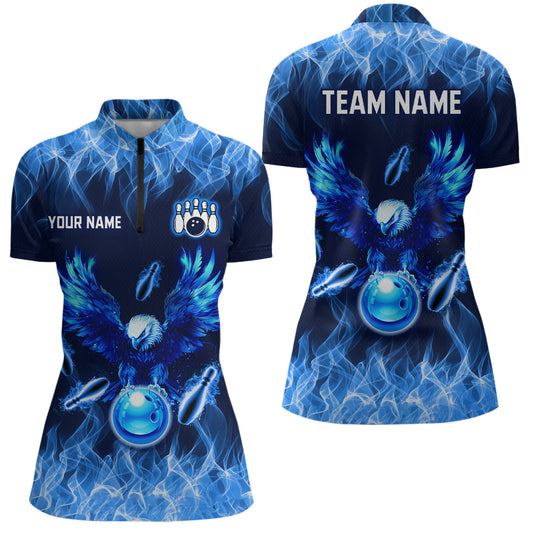 Blue Flame Eagle Custom Bowling Team Shirts For Women Fire Bowling League Polo & 1/4 Zip Shirt HNT09