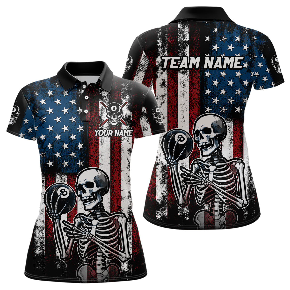 Custom US Skull 8 Ball Billiard Shirts for Women Billiard Team Shirts Billiard League Polo & 1/4 Zipper NNT86