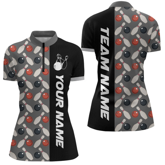 Dark Grey Bowling Pattern Custom Women Bowling Polo & Quarter-Zip Shirts Bowling Team Jerseys HNT45
