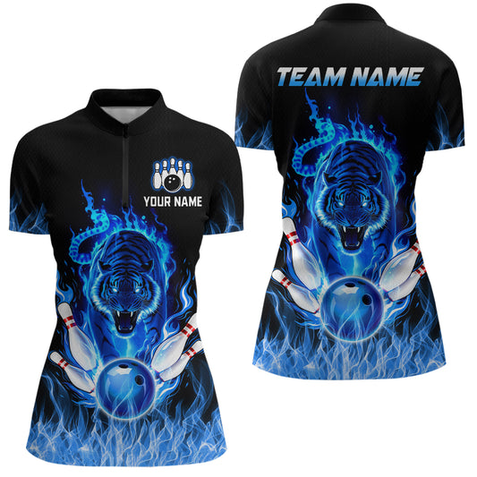 Blue Flaming Tiger Bowling Custom Women Bowling Polo & Quarter-Zip Bowling Team Jerseys HNT46
