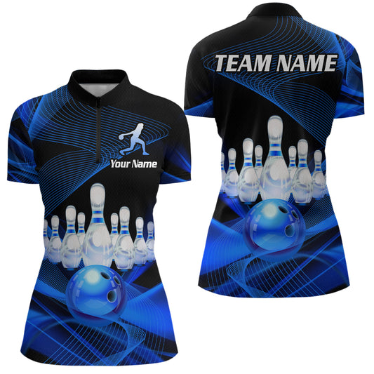 Blue Bowling Custom Women Bowling Shirt Polo & Quarter-Zip Bowling Team Jerseys HNT53